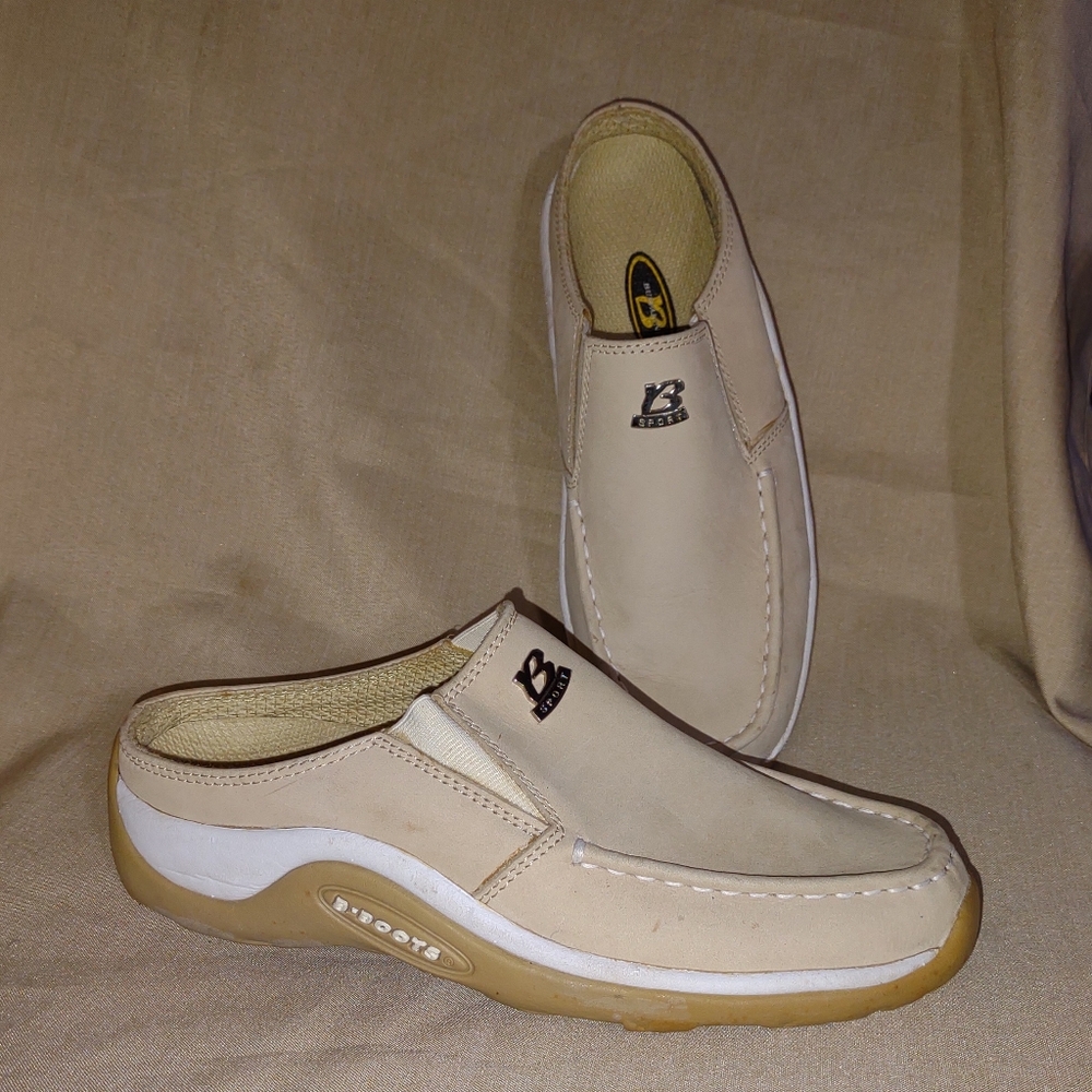 8 M Beige Leather Slip-On Mules Clogs BUFFALINO comfort EC